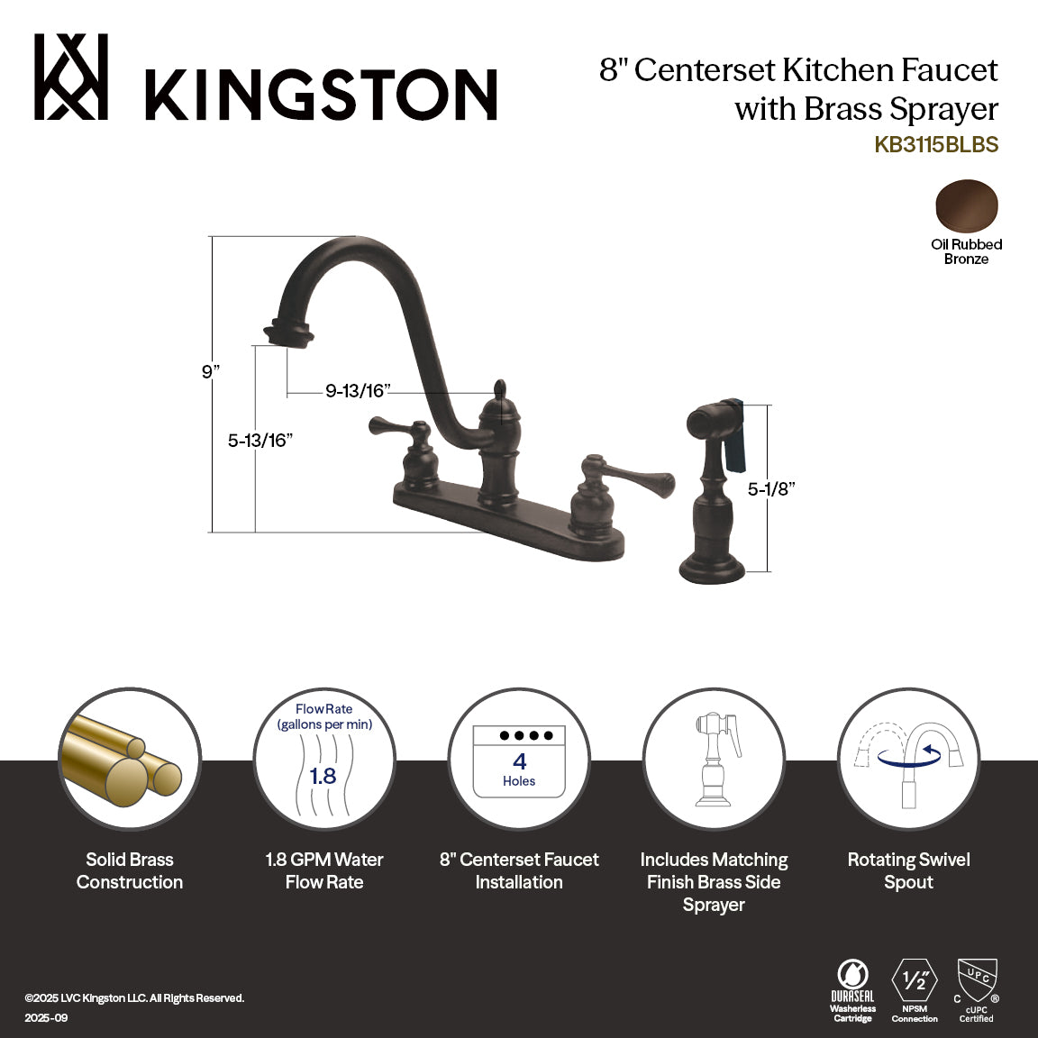 Kingston KB3115BLBS Two-Handle 4-Hole 8" Centerset Kitchen Faucet with Brass Sprayer, Oil Rubbed Bronze — thumbnail 2